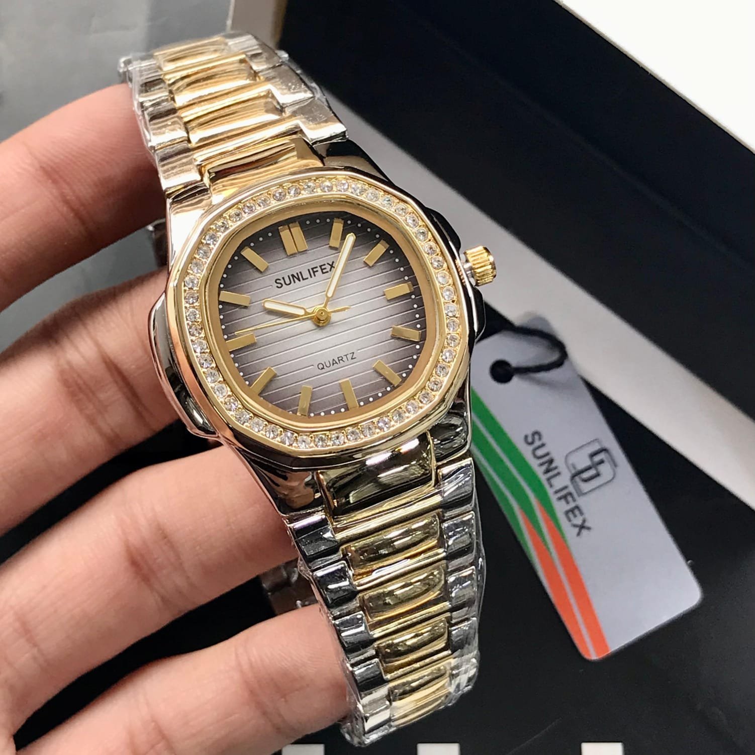 Sunlifex Luxury Women's Watch | Two Tone Gold Silver Stainless Steel | Diamond Bezel | Quartz Movement | Water Resistant 